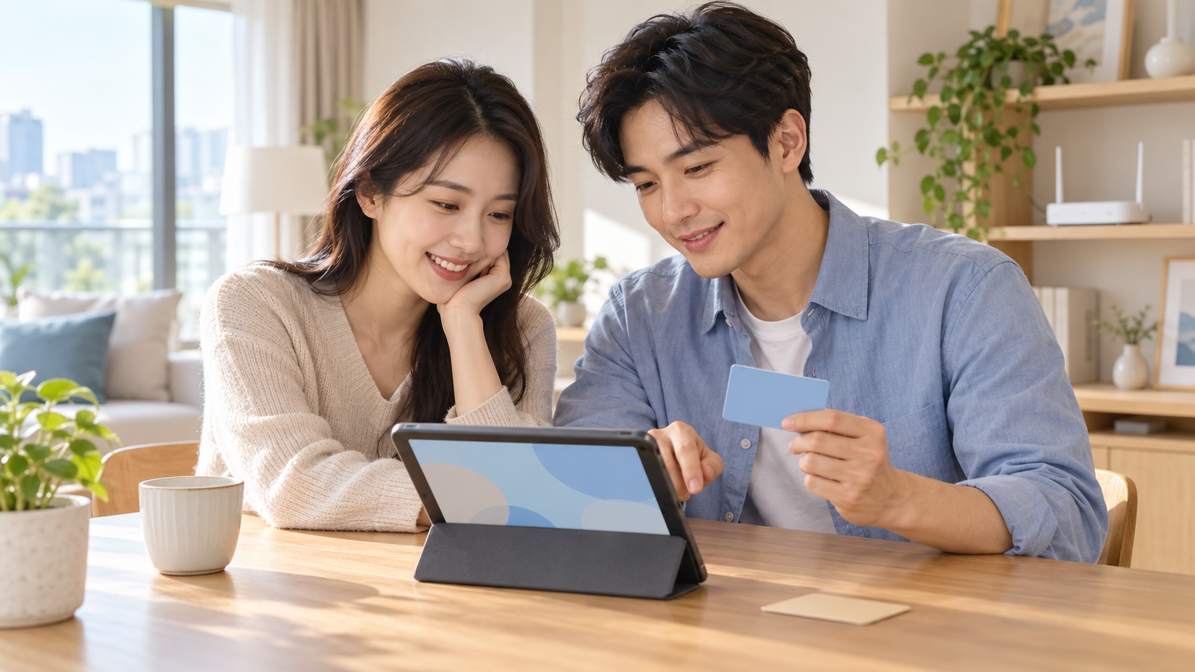 밝은 베이지색 거실에서 부부가 태블릿과 무표기 카드를 보며 인터넷 제휴카드 조건을 비교하는 AI 생성 연출 이미지