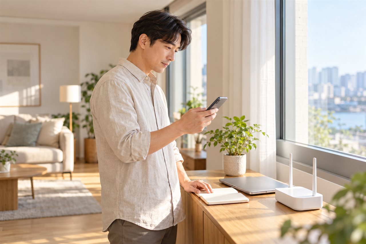 밝은 아파트 창가에서 남성이 휴대폰과 메모를 확인하고 옆에 노트북과 공유기를 둔 GPT 신규 생성 연출 이미지