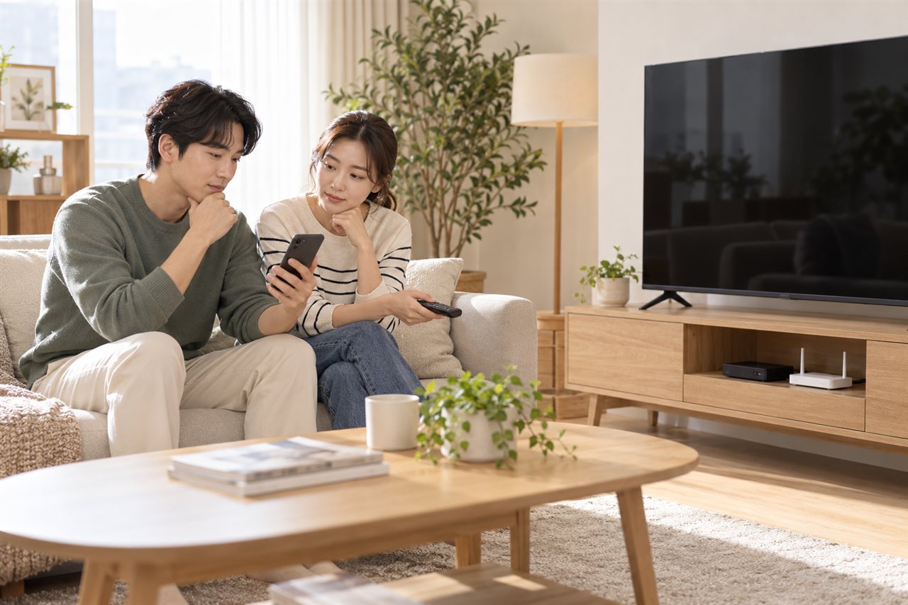 밝은 베이지색 거실에서 부부가 휴대폰과 TV 리모컨을 보며 구독을 확인하는 GPT 신규 생성 연출 이미지