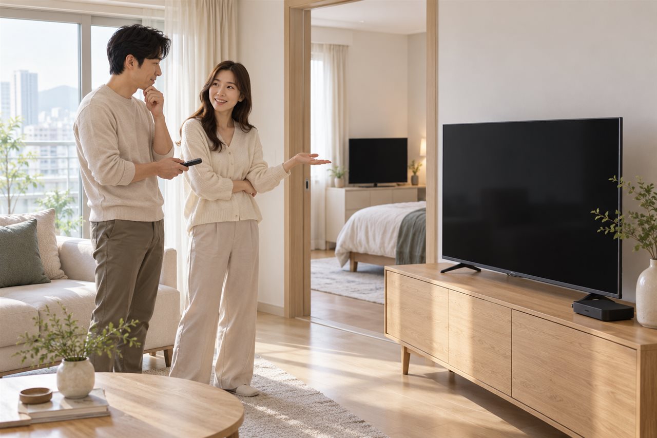 거실과 안방에 각각 TV가 놓인 밝은 아파트에서 부부가 리모컨을 들고 시청 공간을 살펴보는 GPT 신규 생성 연출 이미지