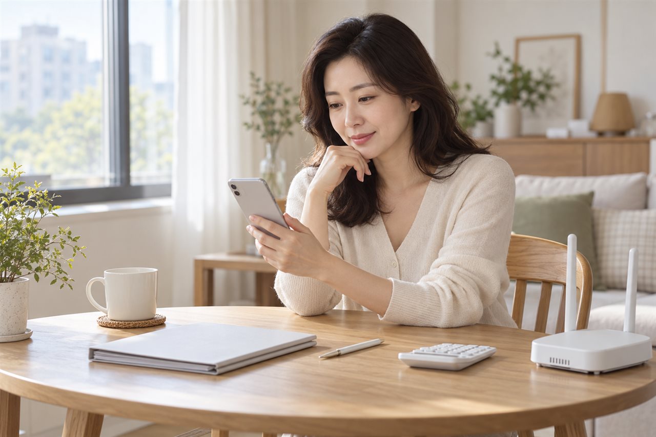 밝은 베이지색 식탁에서 여성이 휴대폰과 서류철·계산기로 통신요금 정산을 확인하는 GPT 신규 생성 연출 이미지