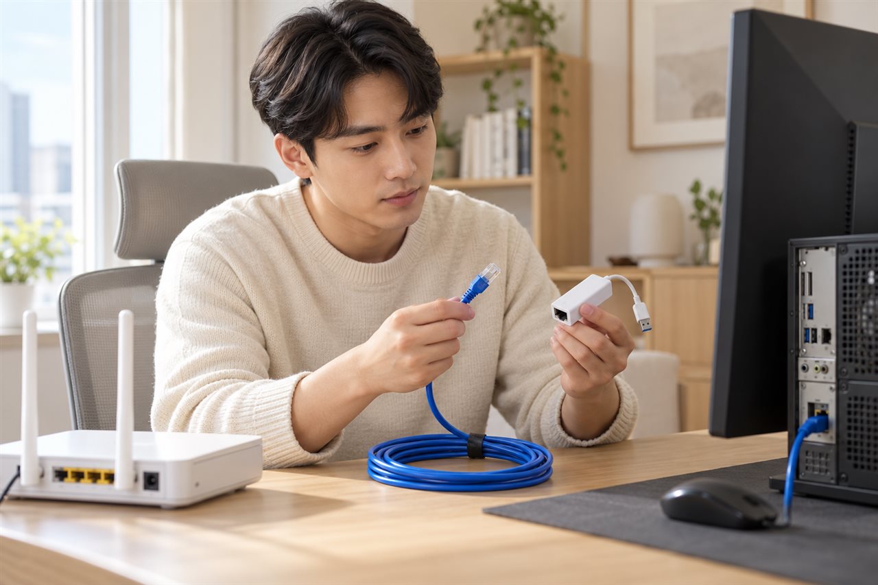 밝은 베이지색 서재에서 남성이 데스크톱 옆 파란 랜선과 USB 유선랜 어댑터를 확인하는 GPT 신규 생성 연출 이미지
